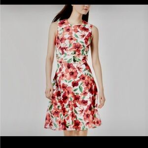 Calvin Klein Red Floral Midi A-line Dress Size 6